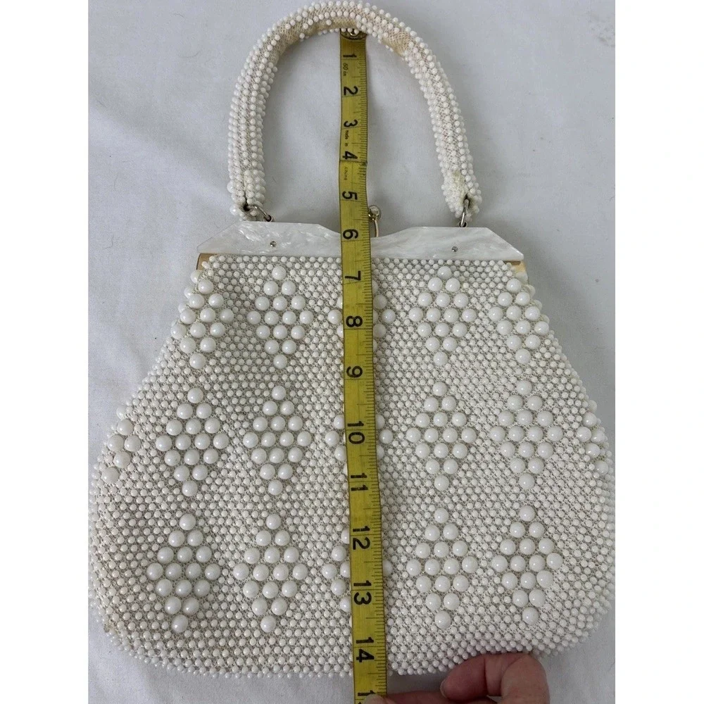 Vintage Beaded Bag Ivory Gold Tone Hong Kong 1950s Kiss Lock Summer